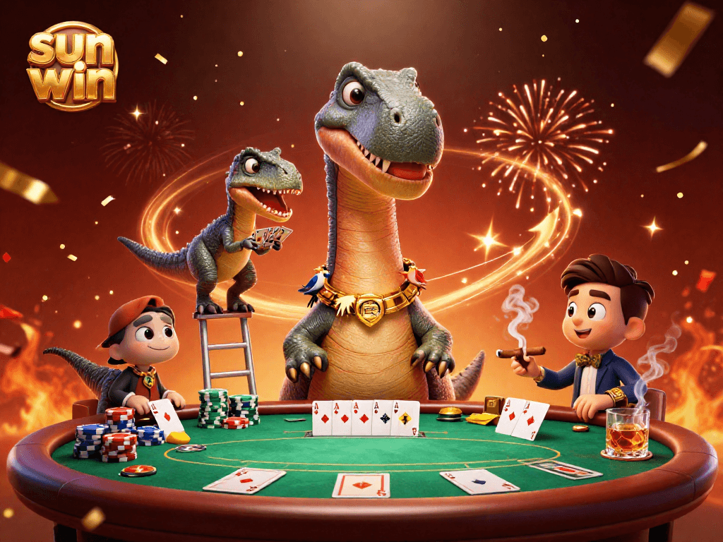 Experience the excitement of sun win as the brontosaurus towers over a thrilling poker game, with chips and cards in action.