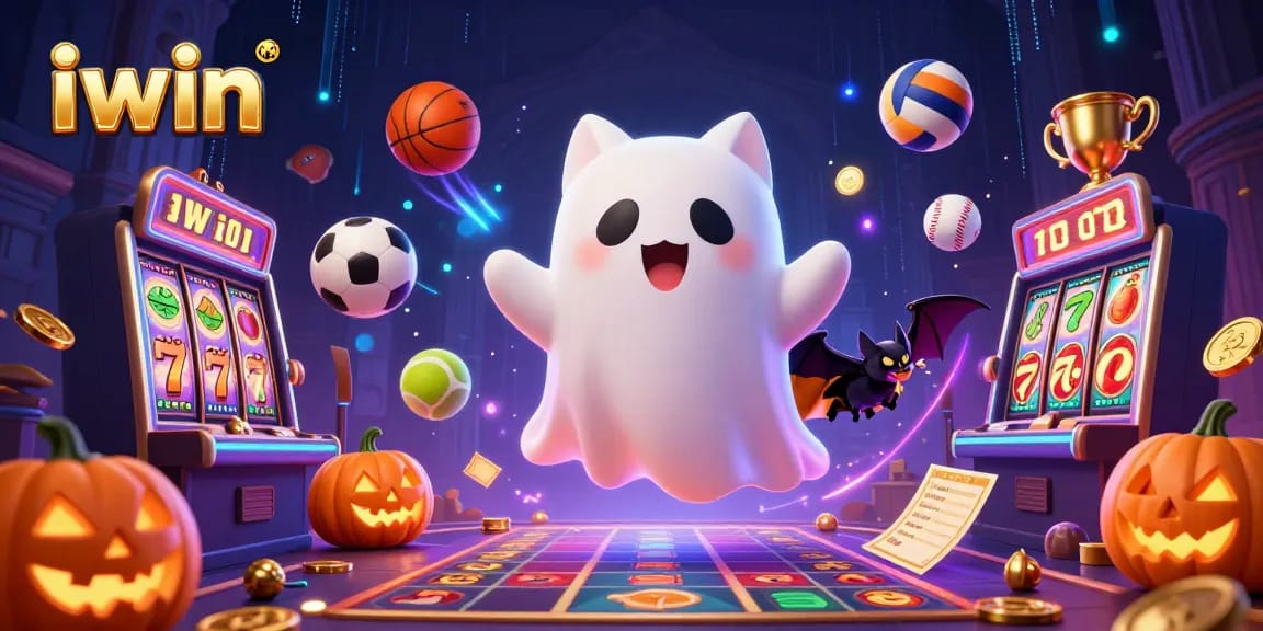 Iwin slots and sports collide as a ghost cat and bat explore a haunted casino filled with glowing jack-o-lanterns.