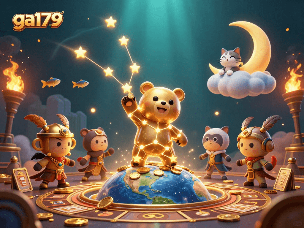 Experience excitement at ga179 with dynamic cockfighting action featuring golden symbols and animated characters.