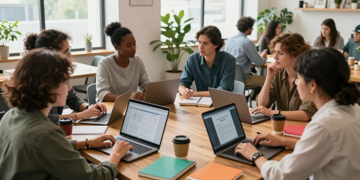 Self-employed professionals collaborating in a vibrant co-working space, fostering creativity and networking.