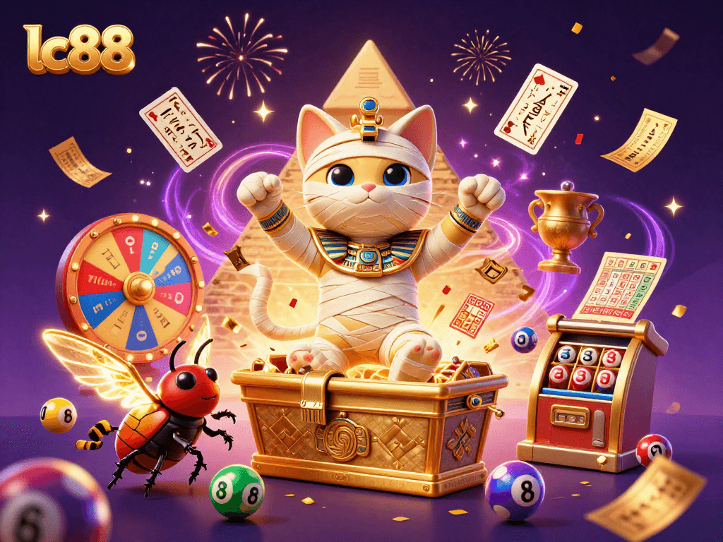 lc88 energizes the casino scene with a vibrant mummy cat and dynamic lottery elements.