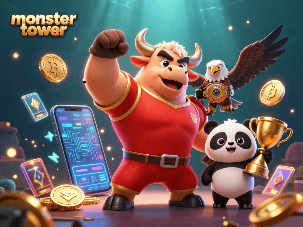 Engage with the monster tower game, featuring a muscular bull and vibrant crypto elements in a dynamic scene.
