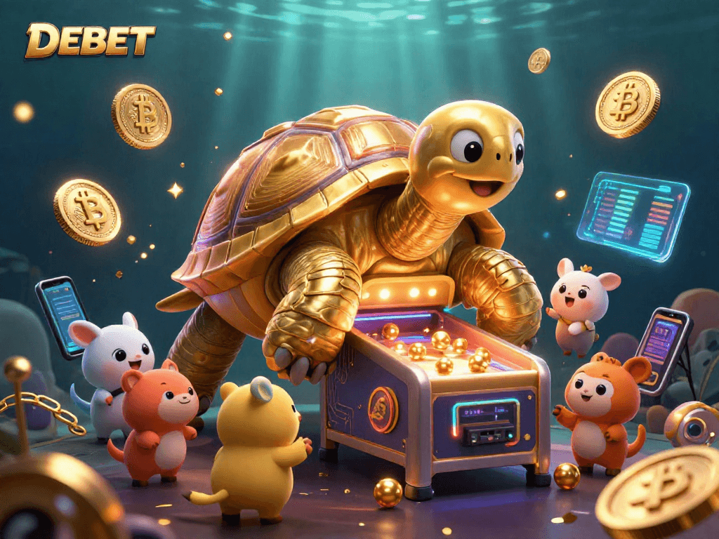 Experience thrilling gameplay with DEBET as creatures gather around a vibrant golden tortoise pinball machine