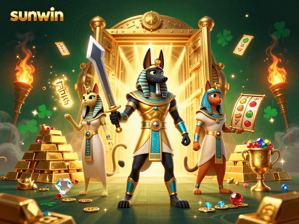 Experience the thrill of slots with sunwin's vibrant treasure scene featuring Anubis and Bastet.