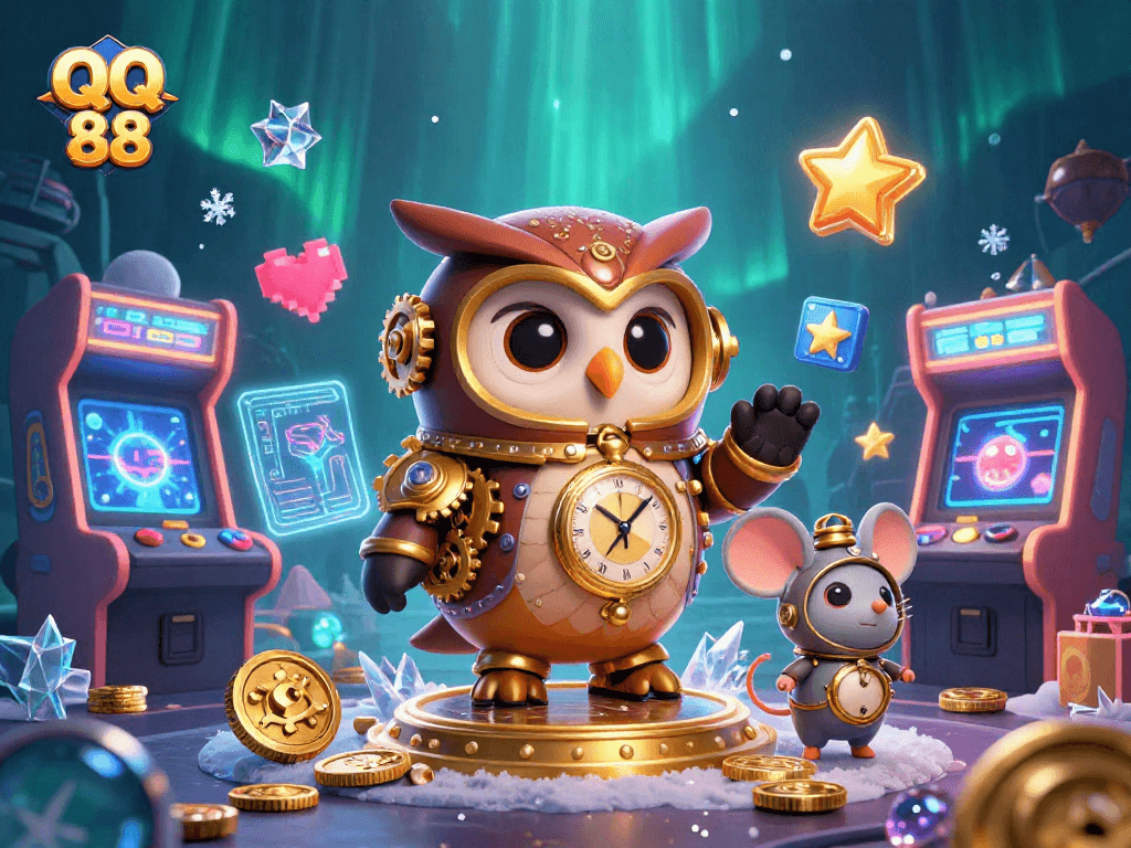 Engage with QQ 88 in an ultra-detailed digital illustration of a time-traveler owl and clockwork mouse in a dynamic casino scene.