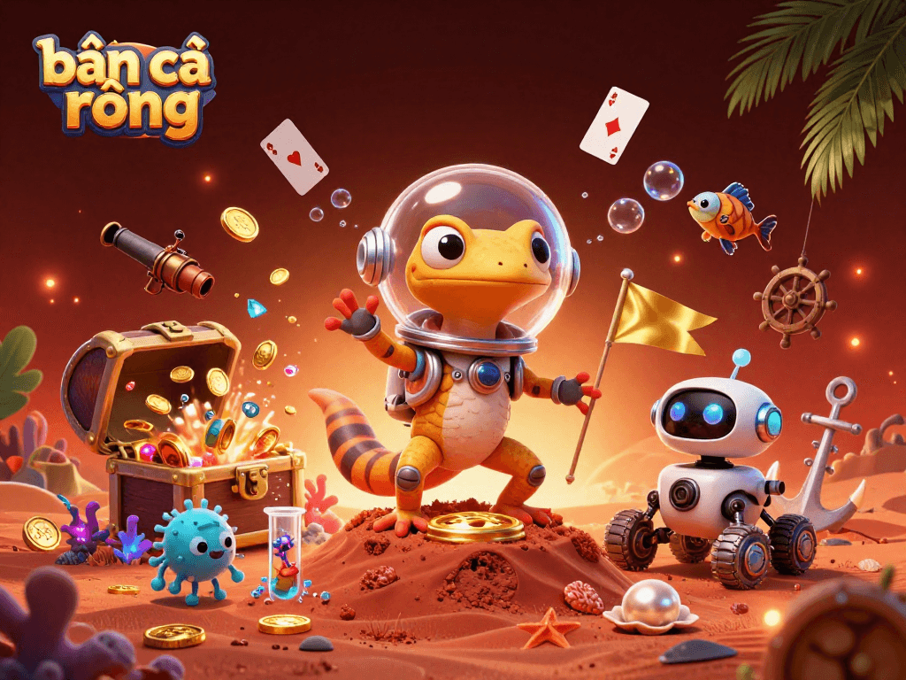 Engage with bắn cá rồng as Martian gecko discovers a golden casino in vibrant 3D illustration.