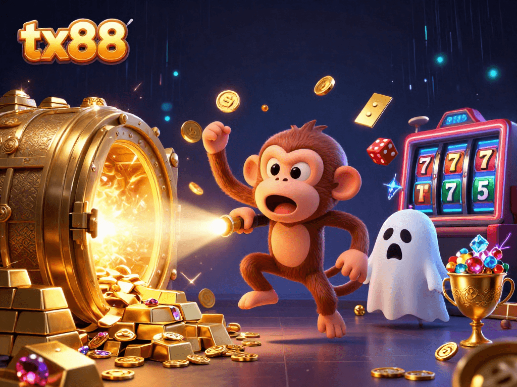Engage with tx88 as the mischievous poltergeist monkey juggles casino treasures in a haunted scene.