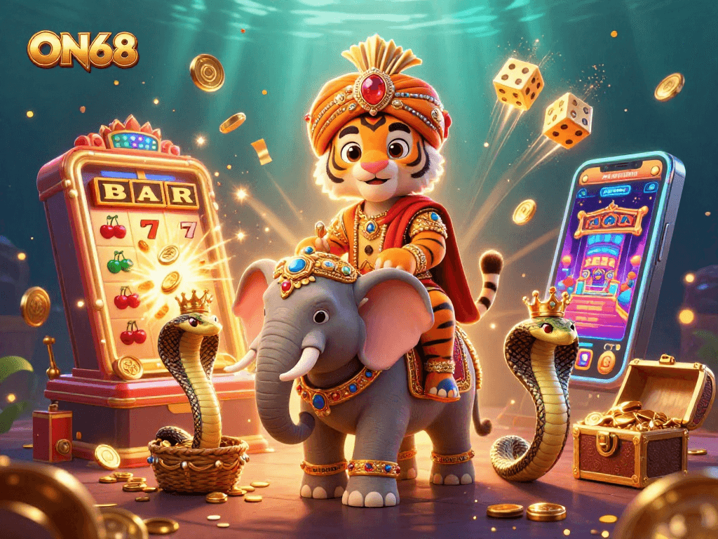 Spin the reels and win with ON68, featuring a vibrant 3D casino scene full of excitement!