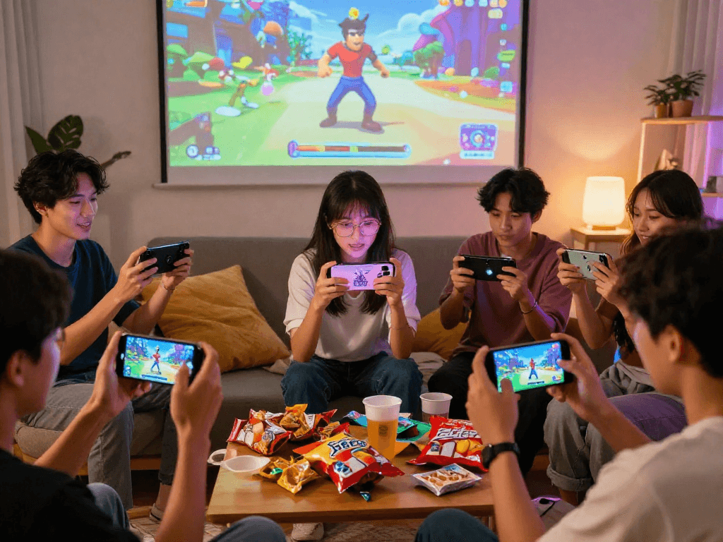 Engaging players enjoying mobile porn games in a lively living room setting.