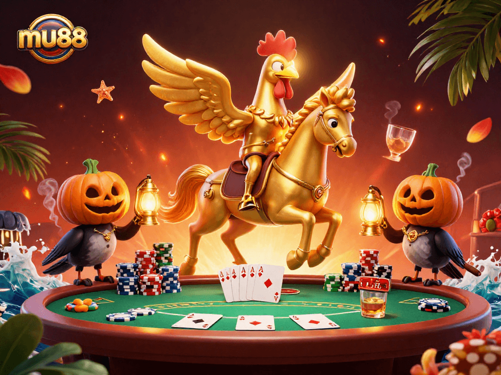 Join the midnight casino action with mu88 as a golden rooster and poker elements shine.