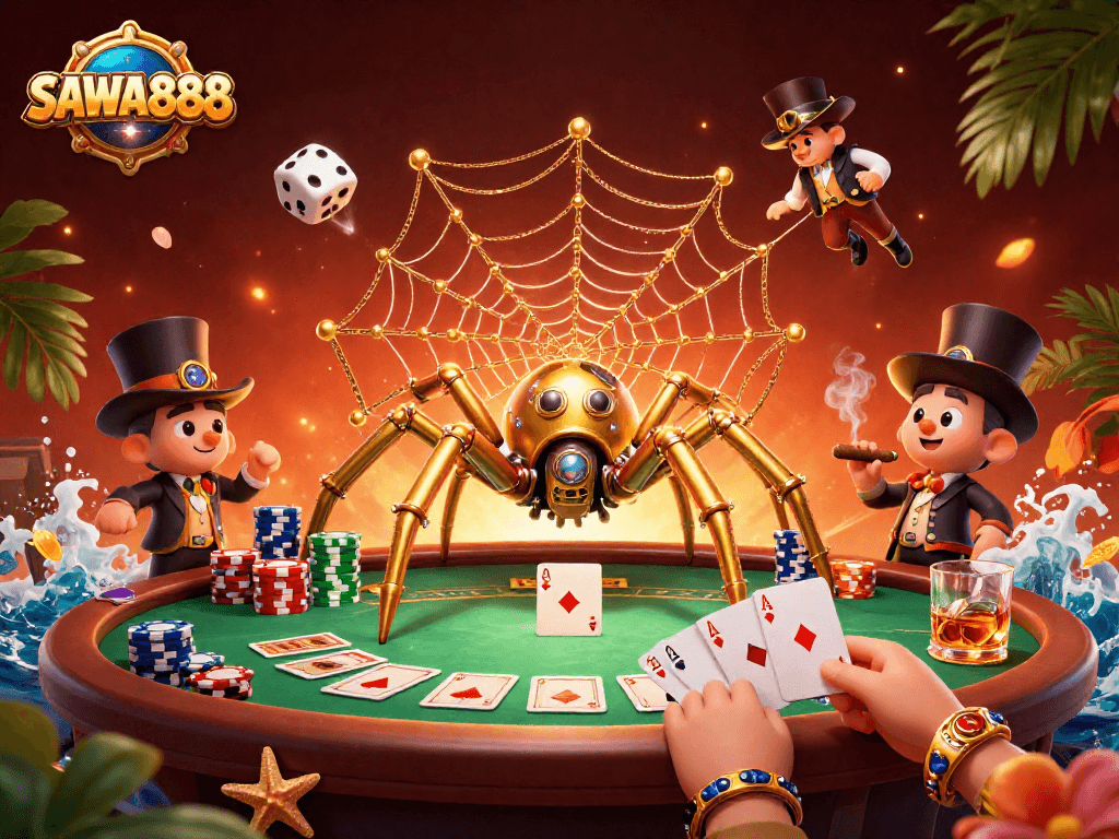 Engage with the thrilling atmosphere of SAWA888, featuring a cartoon steampunk spider webbing poker chips and dice.