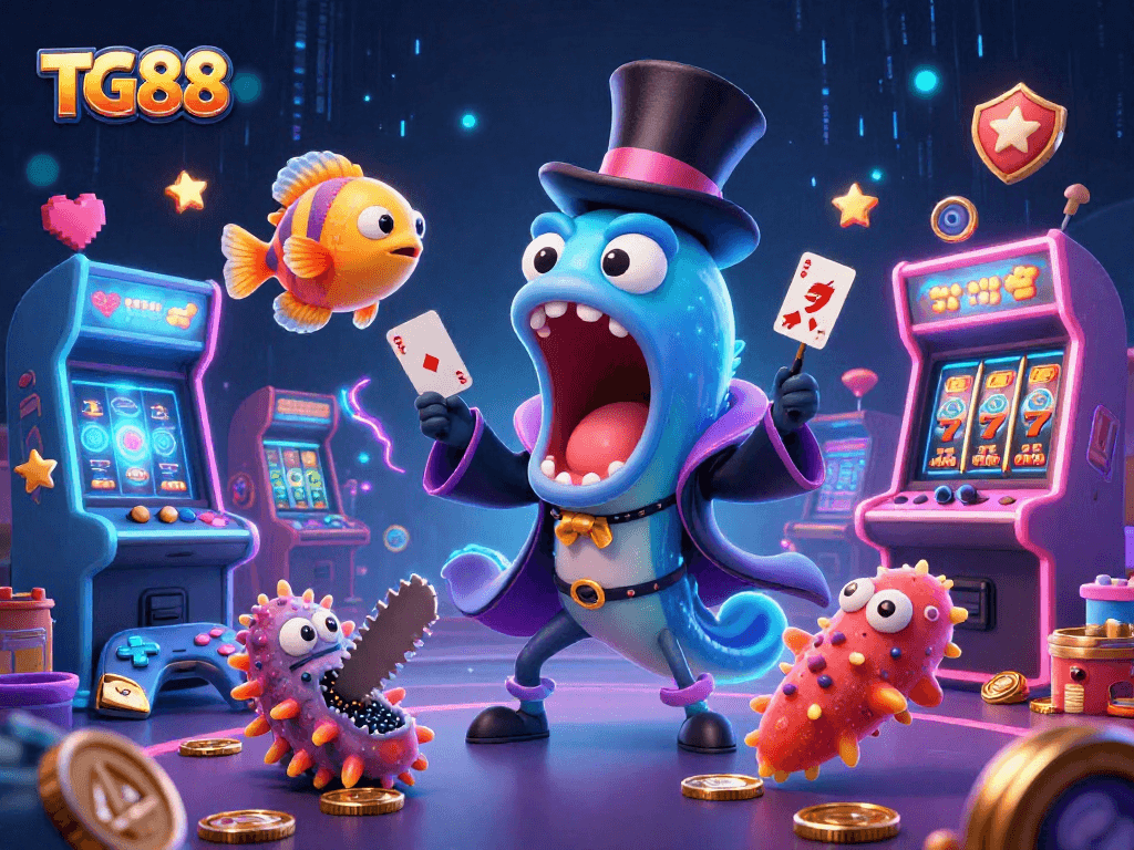Experience the excitement of TG88 casino with engaging 3D characters and vibrant gambling elements.