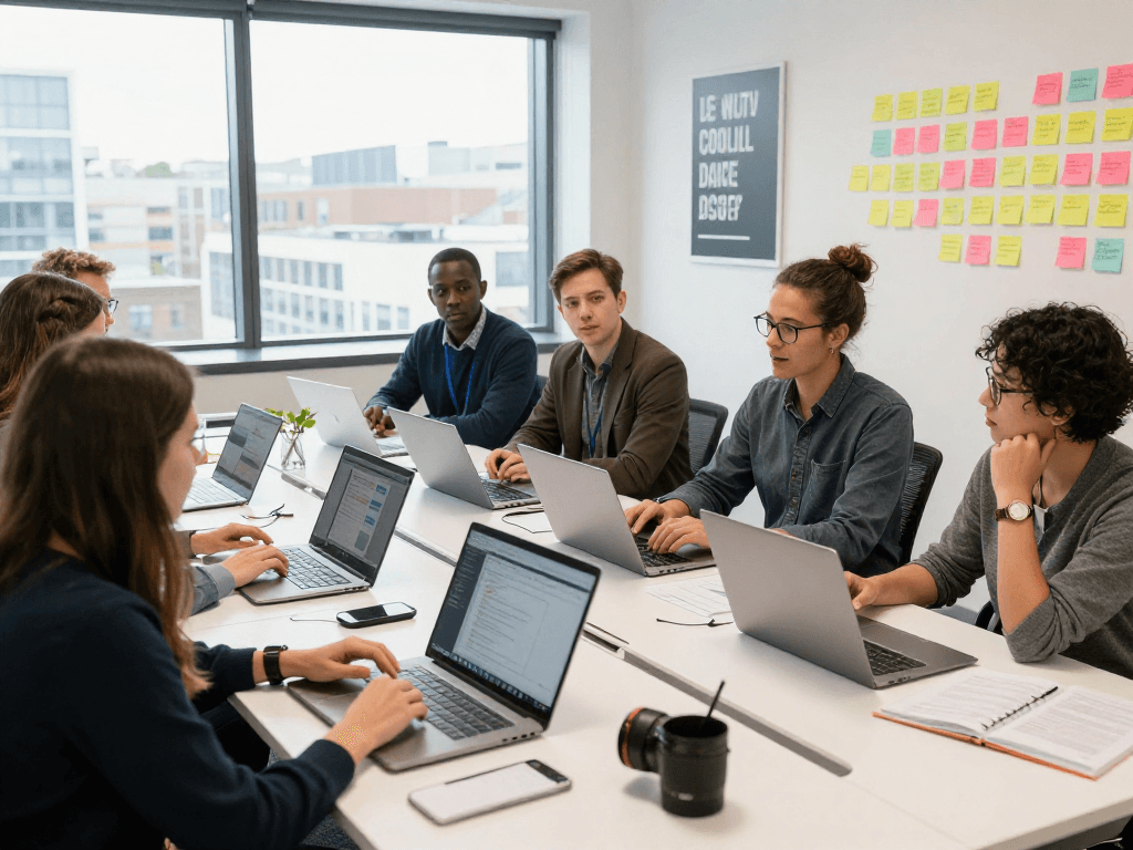 Professionals collaborating in a modern workspace, showcasing UK businesses in a productive atmosphere