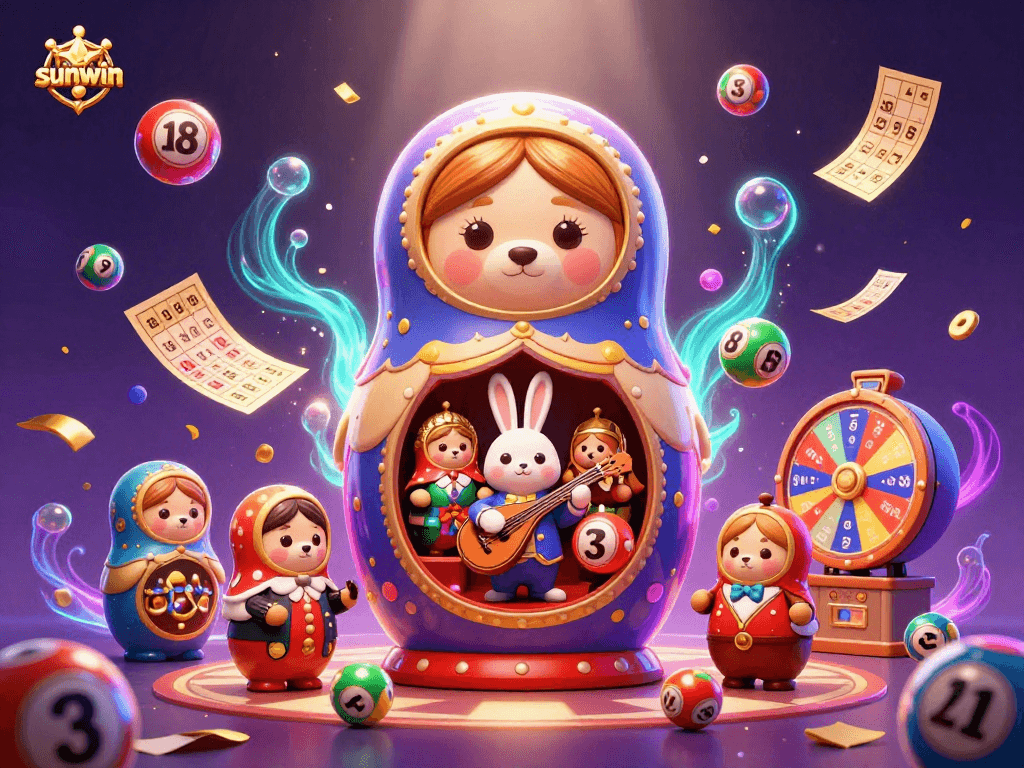 Engage with sunwin's vibrant casino scene showcasing joy with playful bears and lottery elements.