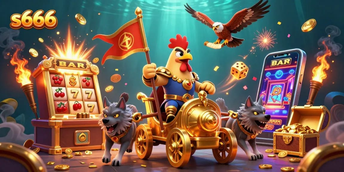 Experience the exciting world of online gaming with s666's vibrant 3D visual featuring a rooster warlord and jackpot elements.