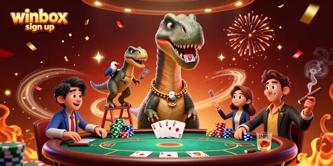 Join the excitement of winbox sign up at this vibrant casino illustration featuring playful dinosaurs and poker action.