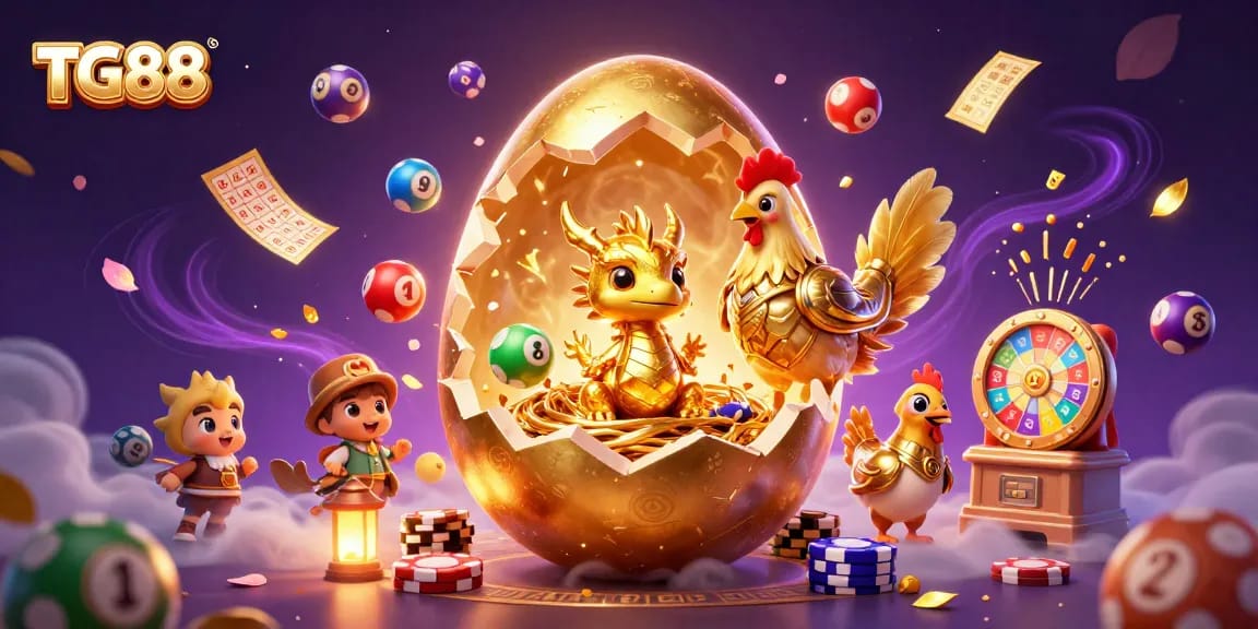 Experience thrilling wins at TG88 with a golden dragon guarding poker chips amidst vibrant lottery elements.