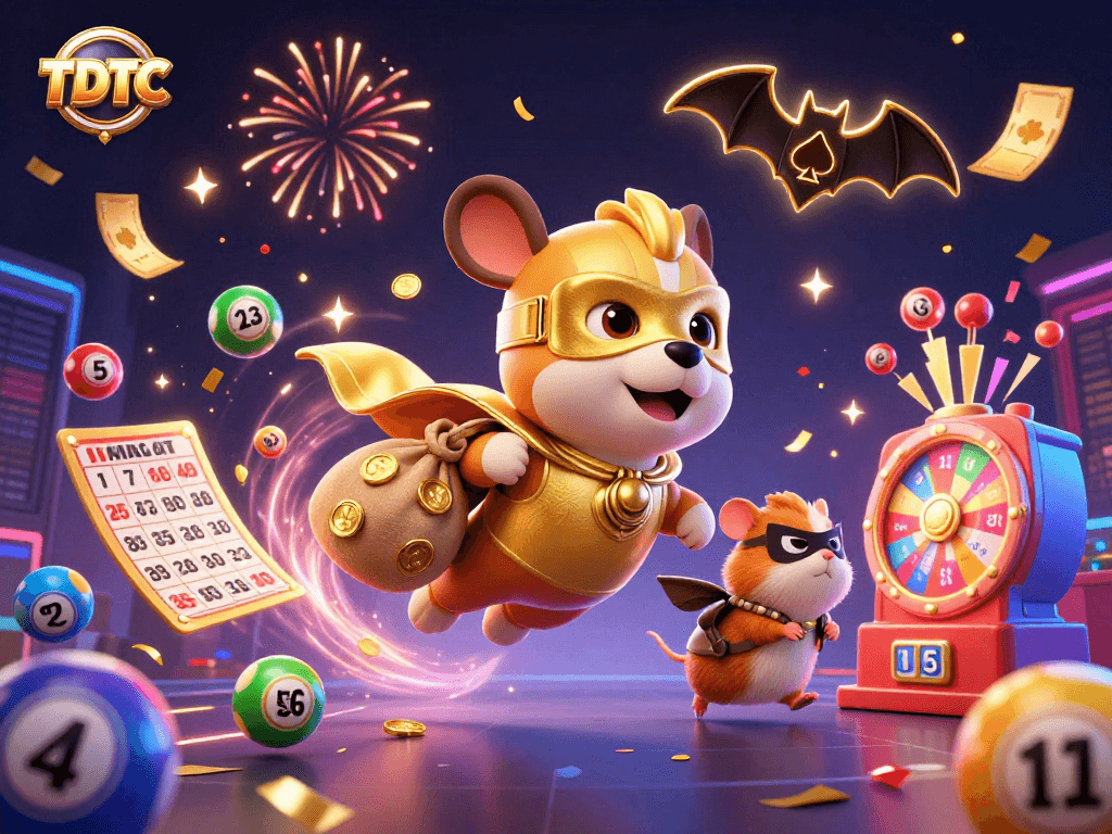 Win big with TDTC in this vibrant lottery-themed illustration featuring coins and excitement.