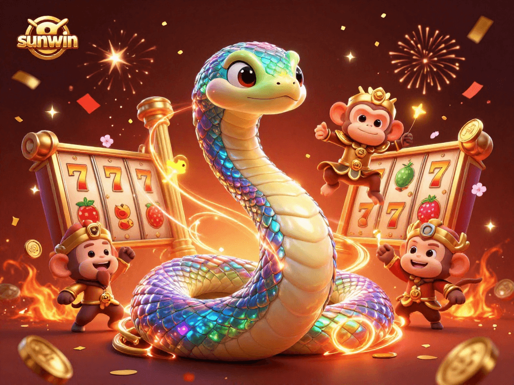 Experience sunwin with interactive slot reels and vibrant characters in an exciting casino scene.