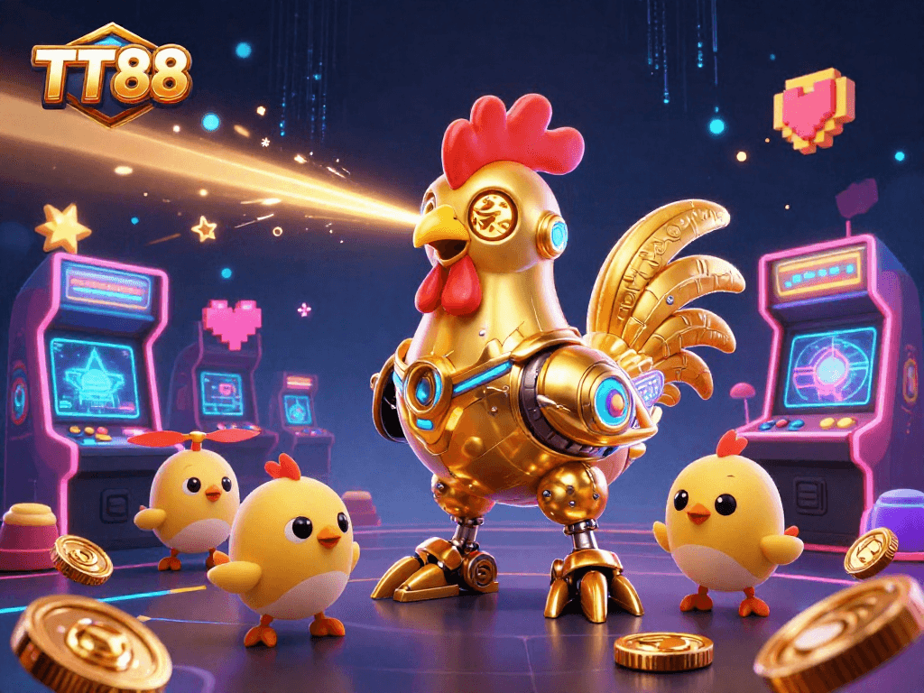 Engage in thrilling gaming with TT88's dynamic golden rooster robot and arcade elements.