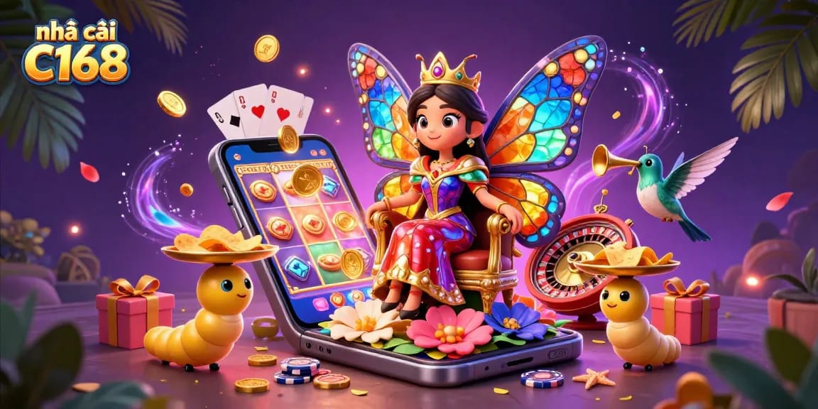 Engage with nhà cái C168 through exhilarating casino games showcased in a vibrant 3D digital illustration featuring a queen and gaming elements.