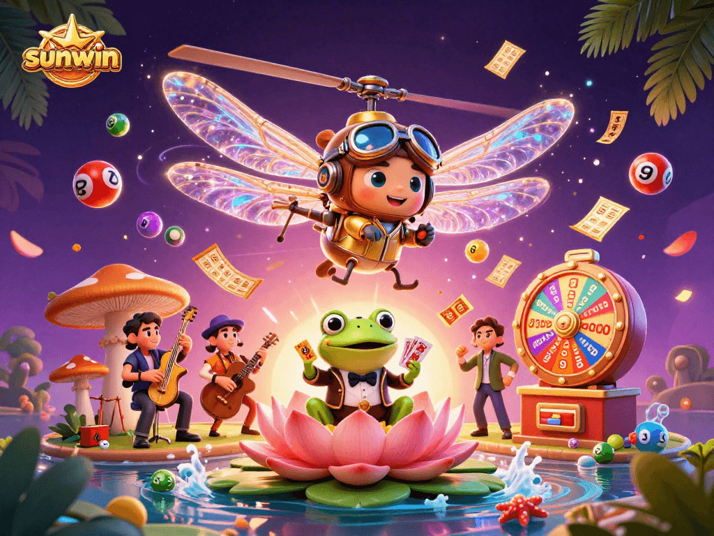 Experience the excitement of sunwin with a lively 3D illustration featuring dynamic casino characters and game elements.