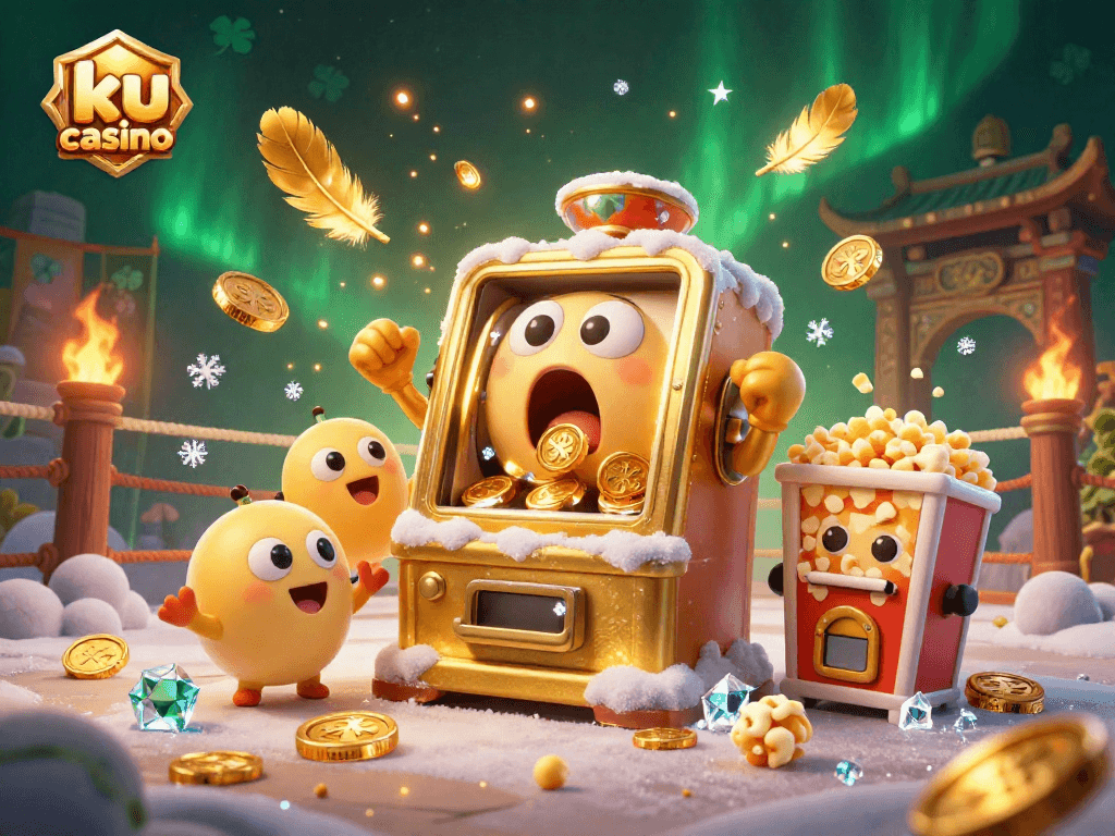 ku casino's golden slot machine celebrates a jackpot, surrounded by cheering baby slots and festive elements.