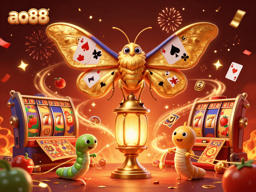Experience excitement with ao88 as a golden moth weaves casino scenes in a colorful illustration.