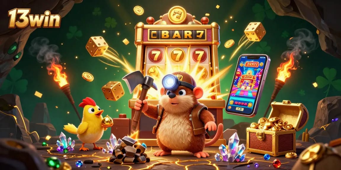 Join the fun at 13win with a vibrant slot machine jackpot scene and treasure elements!