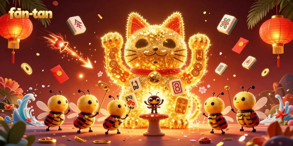 Engage with fan-tan activities under a vibrant 3D illustration with lucky symbols and lively characters.