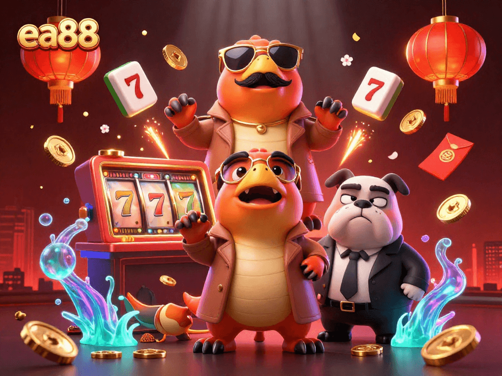 ea88's vibrant casino scene features cartoon raptors attempting VIP entry amidst slot machines and festive decor.