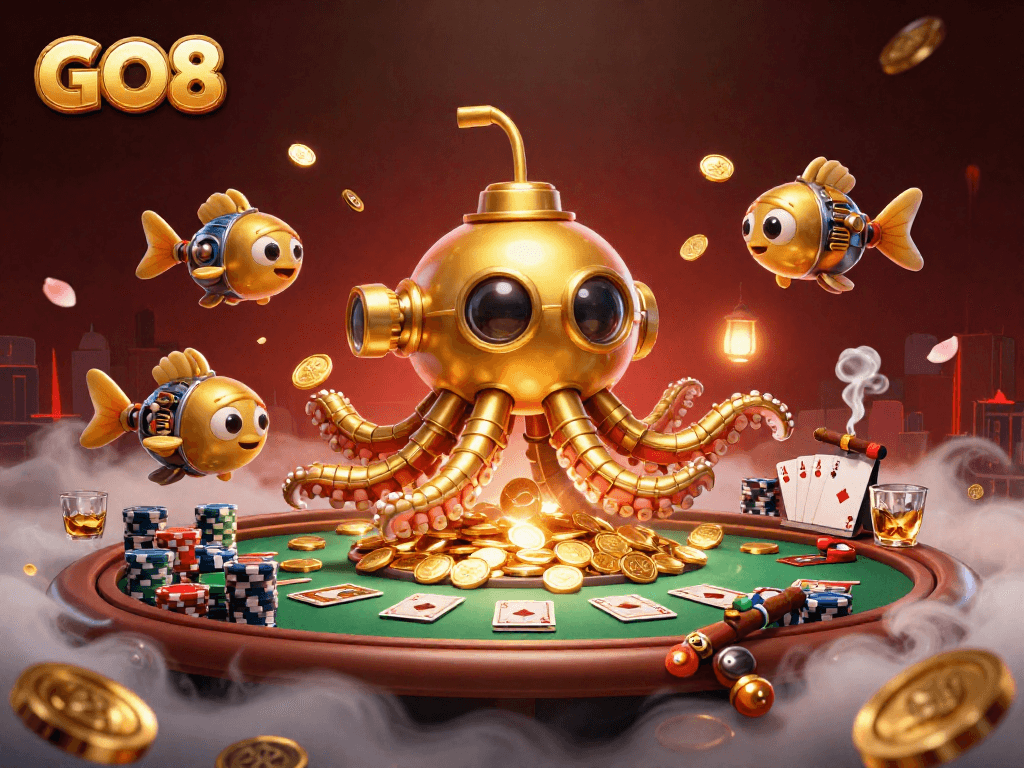 GO8 presents a vibrant casino scene with a golden kraken submarine and poker elements.