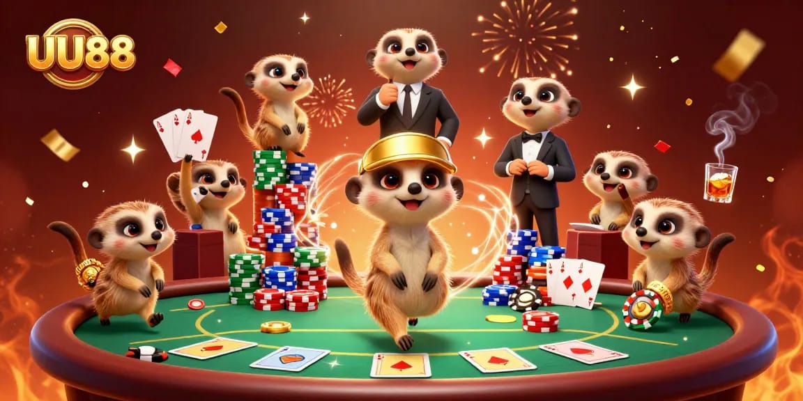 Experience the thrill at UU88's casino with animated meerkats handling poker games.