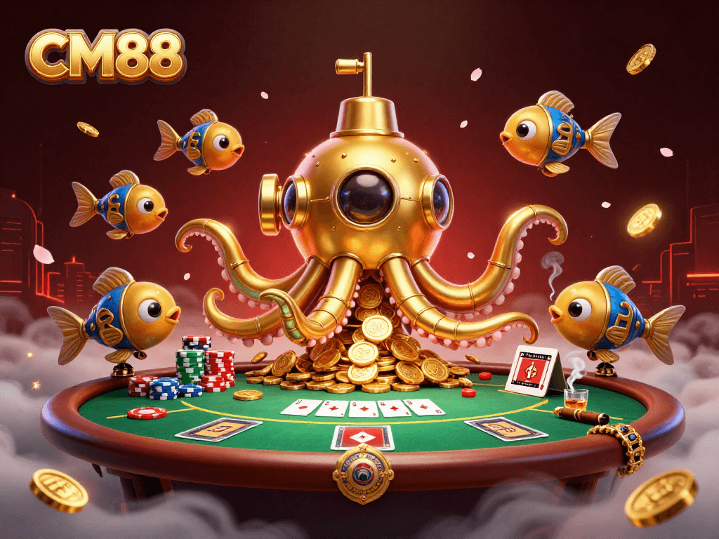 Experience CM88's thrilling poker scene with a golden kraken and action-packed gameplay dynamics.