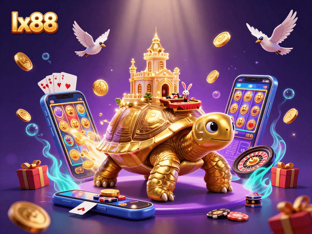 Experience the thrill of lx88 with a vibrant, cartoonish casino scene featuring a golden tortoise and a rabbit dealer.