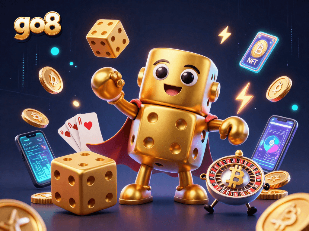 Play exciting games at go8 with a vibrant scene of a golden dice golem and crypto elements