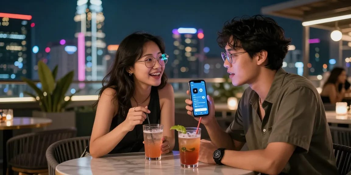 Engaging friends discussing ai spicy talk at a lively rooftop bar, showcasing technology in an urban nightlife setting.