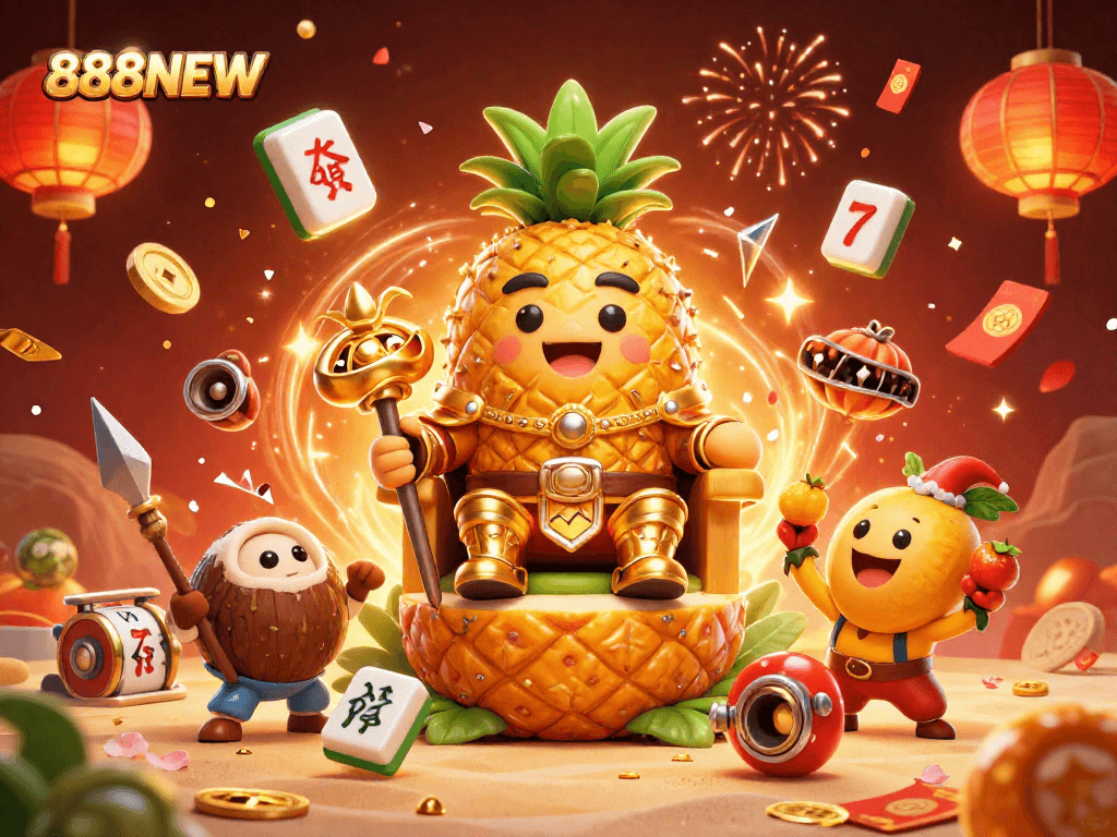 Engage with 888NEW's fun-filled scene featuring a cartoon golden pineapple king and vibrant casino elements.