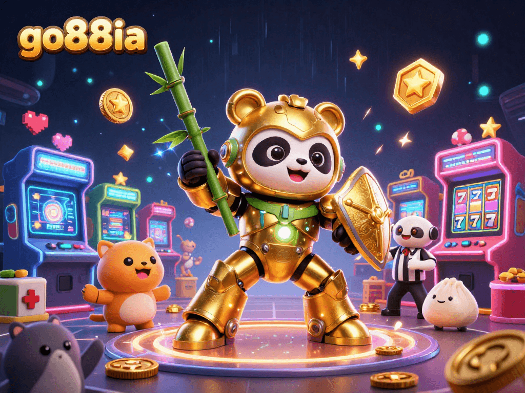 Engage with go88ia in this vibrant casino scene featuring a mech-suit panda battling amidst arcade game excitement.