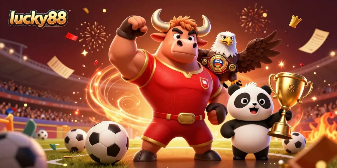 Celebrate winning with lucky88: A muscular bull, eagle, and panda among sports elements.