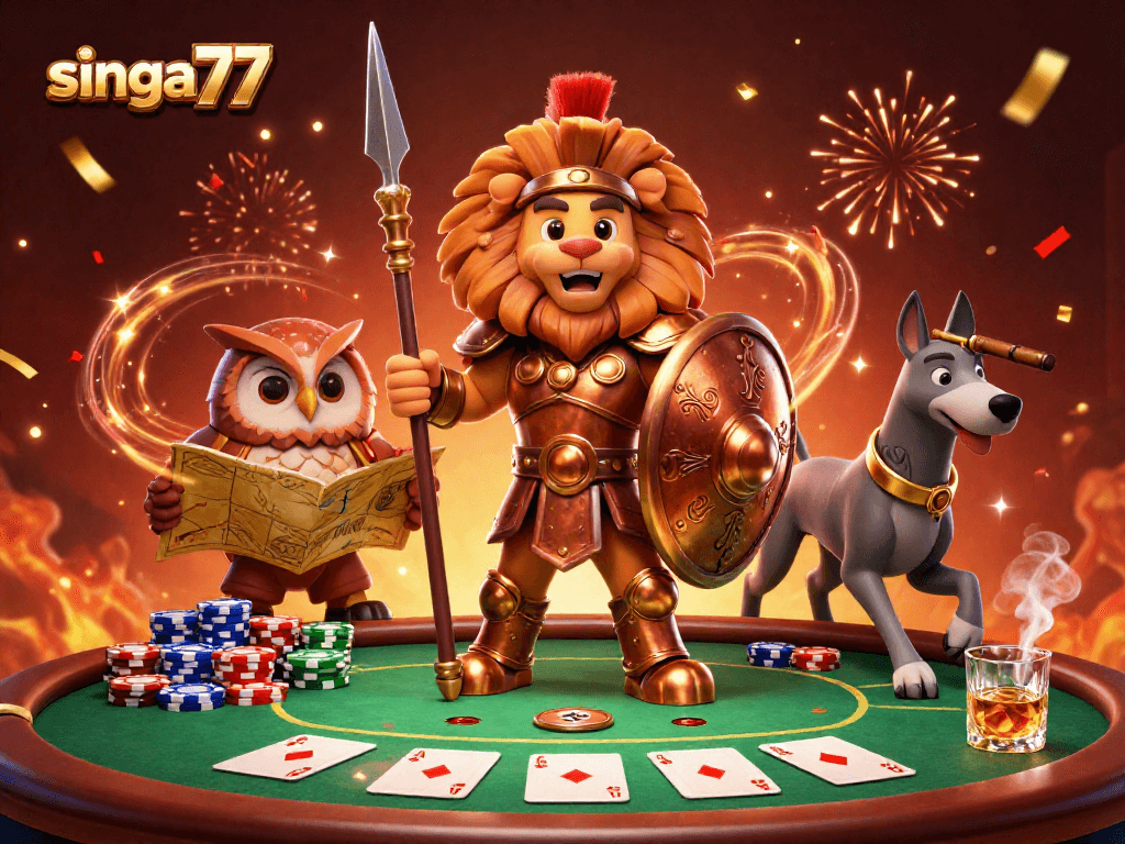 Singa77 showcases a dynamic scene with a Spartan lion, owl strategist, and greyhound surrounded by casino elements.
