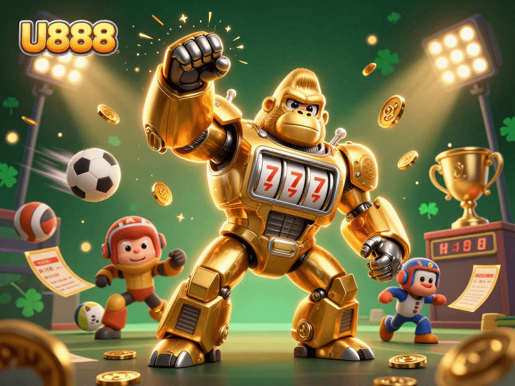 Experience the thrill of U888 with a golden gorilla mech and dynamic sports elements in an explosive casino scene.