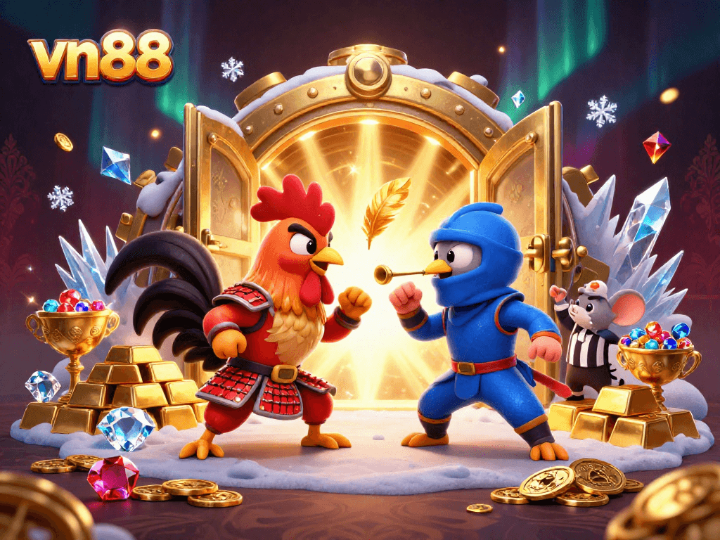 vn88 showcases an epic cartoon battle between samurai and ninja roosters amidst golden casino treasures.