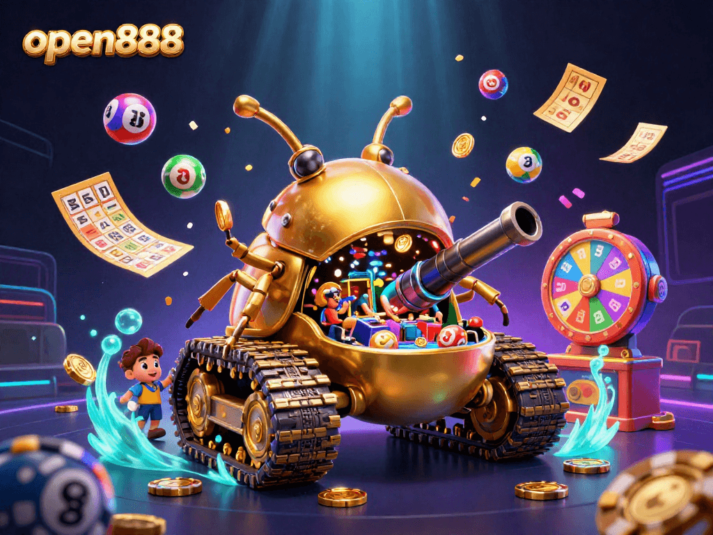 Join the excitement at open888 with vibrant lottery elements and a colorful casino scene.