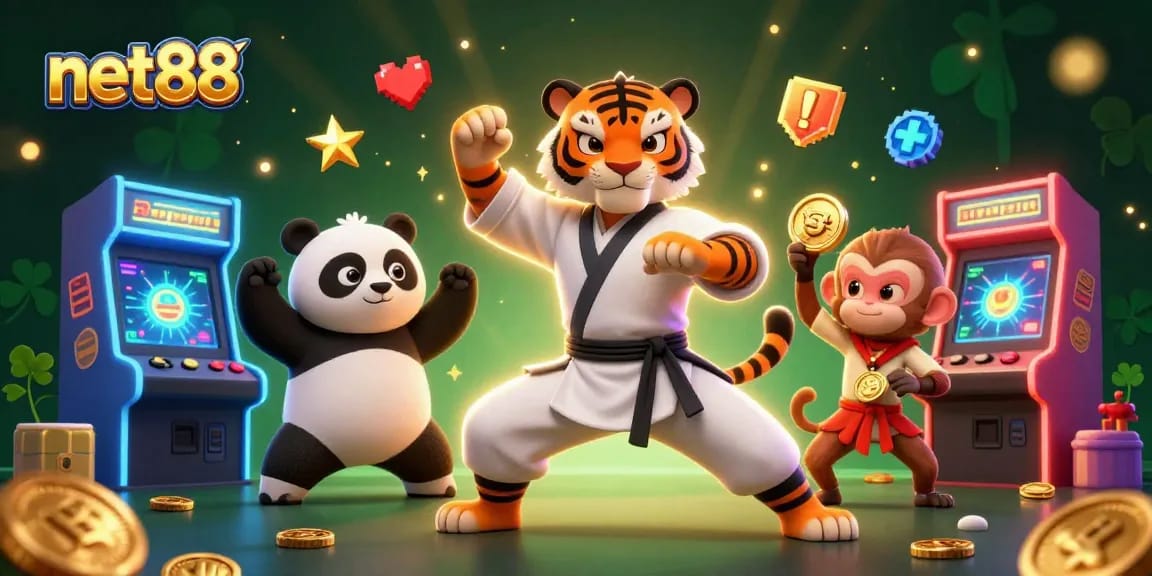Experience the thrill of net88 with a vibrant casino scene featuring playful cartoon characters in action.