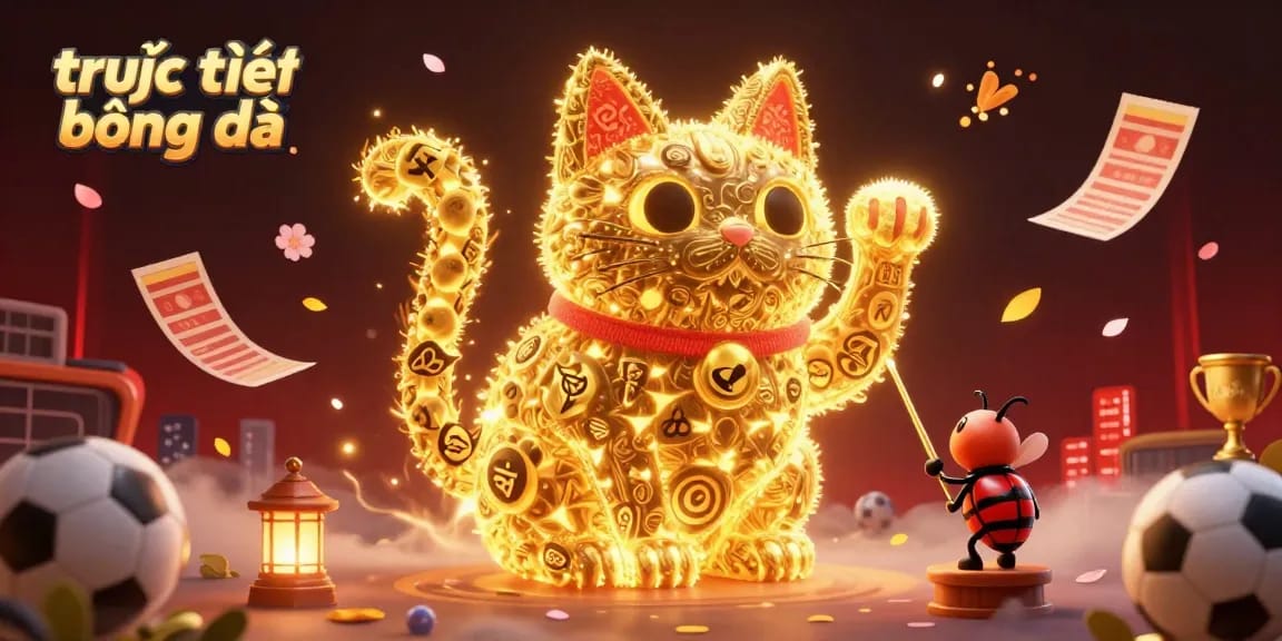 Experience the thrill of trực tiếp bóng đá with an energetic illustration of golden fireflies forming a lucky cat amidst vibrant betting symbols.
