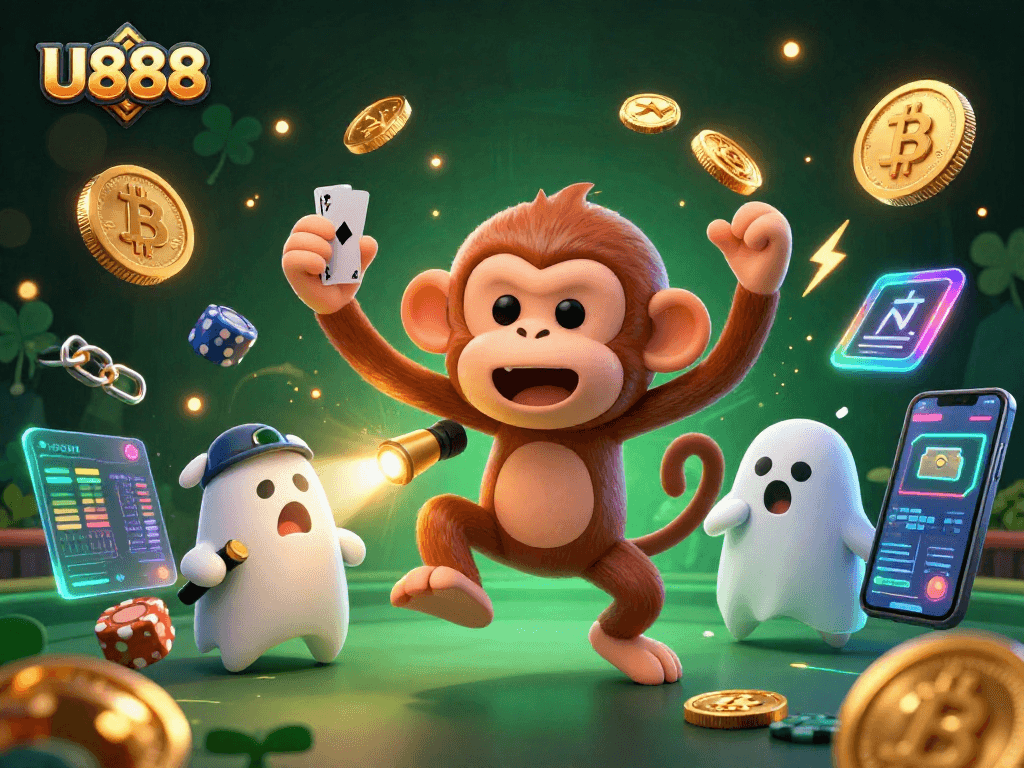 U888 casino illustration featuring a mischievous monkey juggling golden coins and cards amidst a haunted casino.