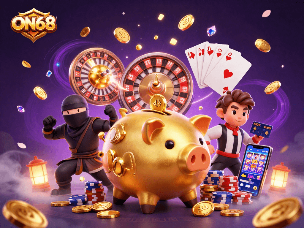 Engage with ON68's thrilling experience through a vibrant 3D illustration featuring gaming elements.