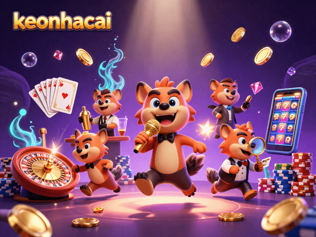 Experience keonhacai excitement with hyenas comically engaging in casino antics, showcasing vibrant gaming elements.