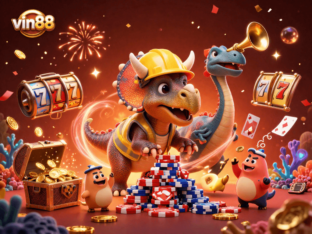 Celebrate wins with vin88 as a triceratops builds poker chip towers amidst vibrant casino elements.